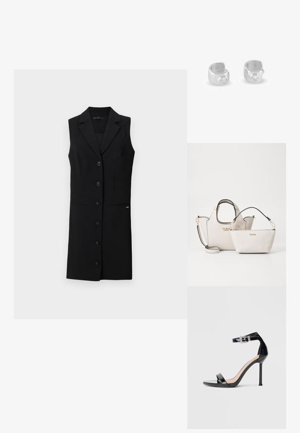 Zwart mouwloos blazerjurk met een op maat gemaakte uitstraling, notch-revers, zes knopen aan de voorkant en zijzakken. Glad materiaal met minimale accenten.; Zwarte sandalen met hoge hak van lakleer en een enkelriempje. Heeft een minimalistisch ontwerp, open teen en een gesp met strass-steentjes.; Twee Guess-handtassen van gestructureerd wit synthetisch materiaal. De grotere tas heeft dubbele handvatten, terwijl de kleinere een afneembare schouderband heeft. Gouden accenten zichtbaar.; Een paar zilveren oorringen met een hartvormige, heldere edelsteen aan de buitenkant van elke ring.