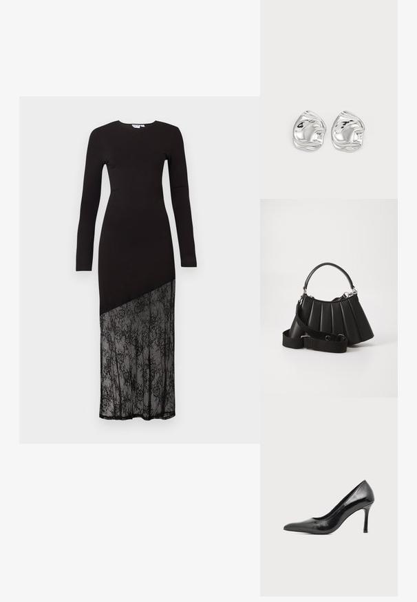 Schwarz langärmliges Kleid mit einem enganliegenden Oberteil und einem halbtransparenten Spitzenpanel am unteren Ende, das eine schlanke, moderne Silhouette schafft.; Schwarzer Damenspitzschuh aus Lackleder mit spitzer Zehenpartie und schlankem Absatz auf hellem, schlichter Hintergrund.; Schwarze, gefaltete Handtasche mit einem runden Griff, verstellbarem Schulterriemen und glänzender Textur. Verfügt über silberne Hardware und eine strukturierte Silhouette.; Silberne, abstrakt geformte Ohrstecker mit polierter Oberfläche, die durch sanfte Kurven und subtile Konturen bestechen. Keine sichtbaren Muster oder Akzente.