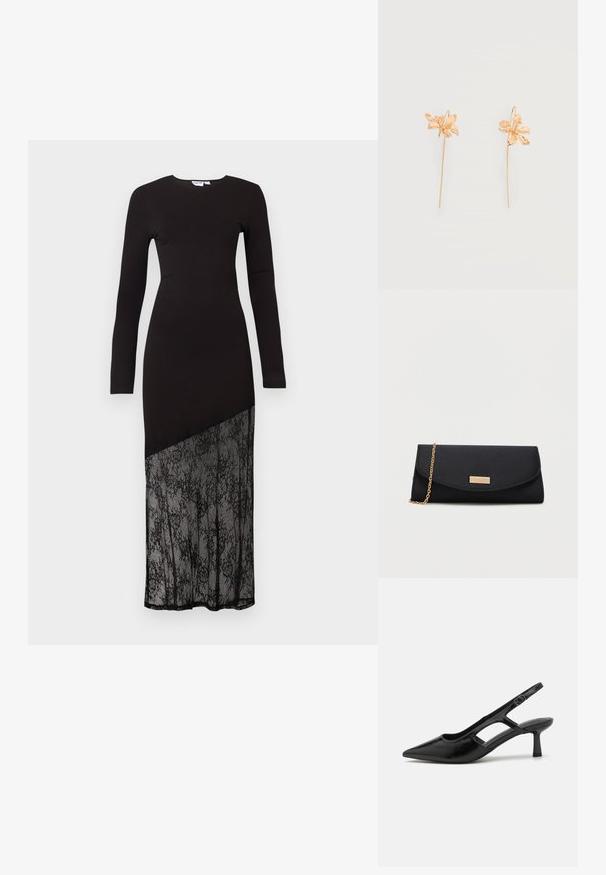 Schwarz langärmliges Kleid mit einem enganliegenden Oberteil und einem halbtransparenten Spitzenpanel am unteren Ende, das eine schlanke, moderne Silhouette schafft.; Schwarze Slingback-Absätze mit spitzer Zehenpartie, aus glänzendem Material gefertigt, mit ausgeschnittenen Akzenten und einem moderaten Absatz für Unterstützung.; Schwarze Umschlag-Clutch mit einer goldenen Kettenriemen und einem kleinen goldenen rechteckigen Logo-Emblem auf dem vorderen Klappen.; Ohrringe aus goldfarbenem Metall, geformt wie zarte Blumen mit langen, dünnen Stielen und Hakenverschluss vor einfachem Hintergrund.