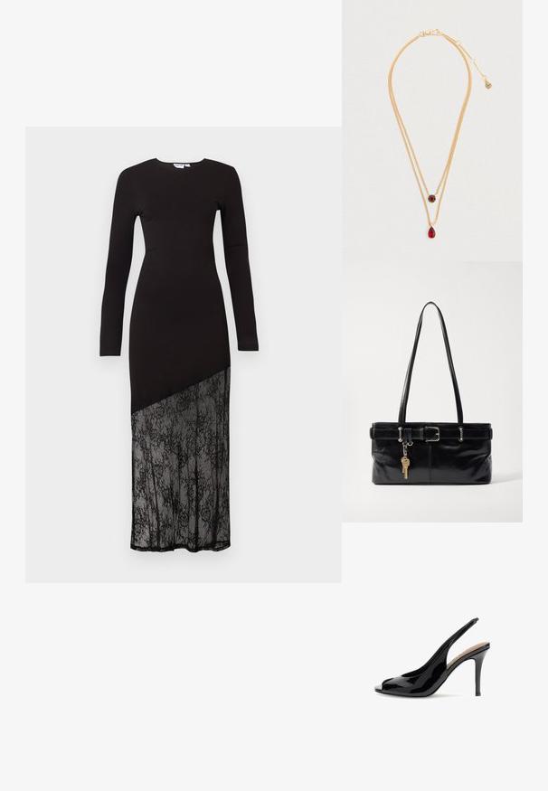 Zwart lang mouwjurk met een getailleerde top en een semi-transparante kantpaneel aan de onderkant, wat een stijlvolle, moderne silhouet creëert.; Zwart lakleren slingback damesschoen met hoge hak, puntige neus en dunne naaldhak, tegen een witte achtergrond.; Osoi SHOULDER BROCLE - Handtas - stone black; Gouden dubbele ketting met schakels en rode edelstenen hangers, één in druppelvorm en één rond met zwarte en gouden accenten.