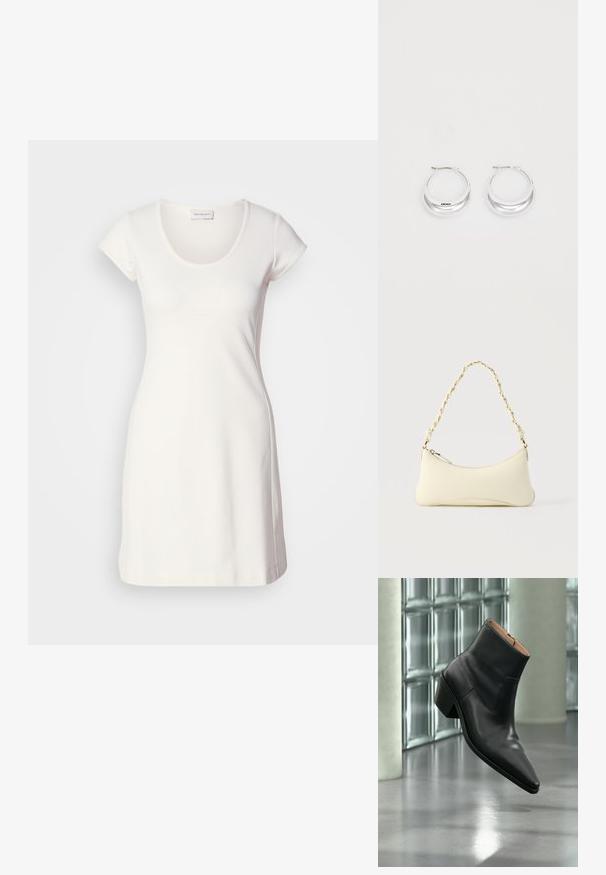 Weißes Kurzarmkleid aus einem glatten, elastischen Stoff mit rundem Ausschnitt und taillierter Silhouette, das minimale Nähdetails aufweist.; Schwarzer Leder-Stiefelette mit spitzer Schuhspitze und Blockabsatz, der über einem reflektierenden grauen Boden nahe einer Glassteinwand schwebt.; Kleine handtasche in Cremefarben mit geschwungener Form und geflochtenem, goldfarbenem Kettenhenkel, Reißverschluss oben; Silberne Creolen mit glänzender Oberfläche und DKNY-Logo, vor einem schlichten weißen Hintergrund präsentiert.