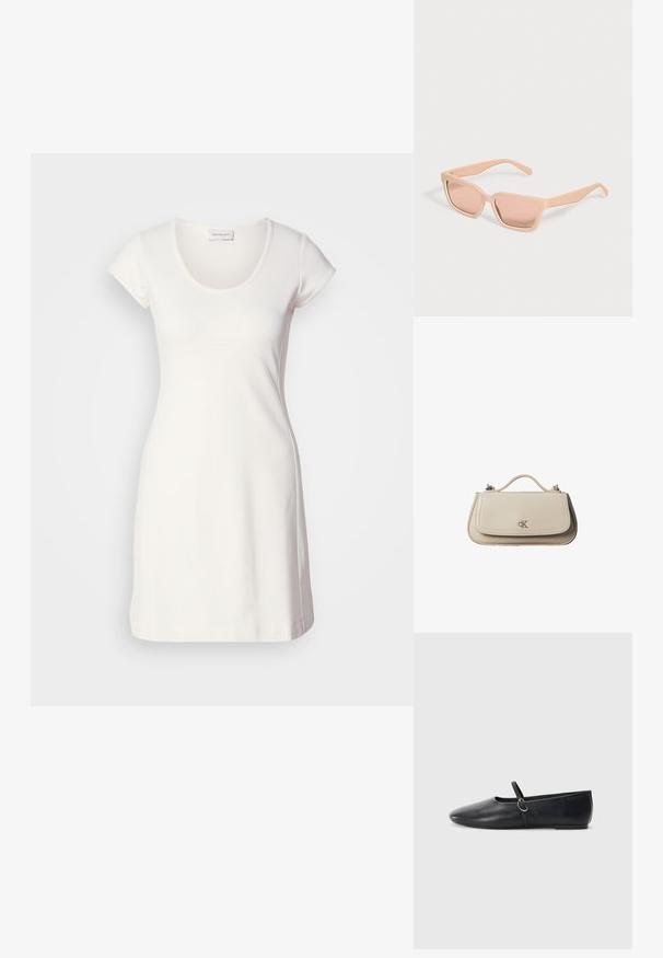 Weißes Kurzarmkleid aus einem glatten, elastischen Stoff mit rundem Ausschnitt und taillierter Silhouette, das minimale Nähdetails aufweist.; Schwarze Leder-Ballettschuhe mit spitzem Schuhzeug, flacher Sohle und einem kleinen Riemen mit silberner Schnalle.; Rechteckige Sonnenbrille in Hellpfirsich mit dicken Rahmen und passenden getönten Gläsern vor hellem, einfarbigem Hintergrund.; Kleine beigefarbene Lederhandtasche mit oberem Griff und silbernem CK-Logo auf der Frontklappe, vor weißem Hintergrund dargestellt.