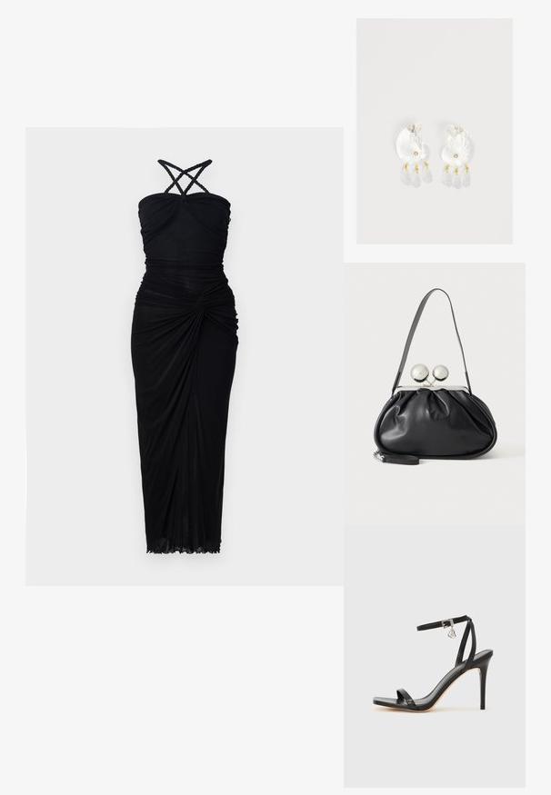 Robe noire avec un corsage ajusté, des bretelles croisées et un tissu froncé qui tombe vers un ourlet légèrement évasé avec une texture subtile.; Sandale à talon haut noire avec une bride étroite à la cheville, bout carré, cuir lisse et accent de boucle métallique.; Sac à main en cuir noir avec un design plissé, une sangle unique, un cadre métallique argenté et deux grandes fermoirs ronds en argent.; Boucles d'oreilles en résine transparente en forme de coquillage avec de petits accents dorés et trois breloques translucides en forme de goutte pendantes sur chaque boucle d'oreille.