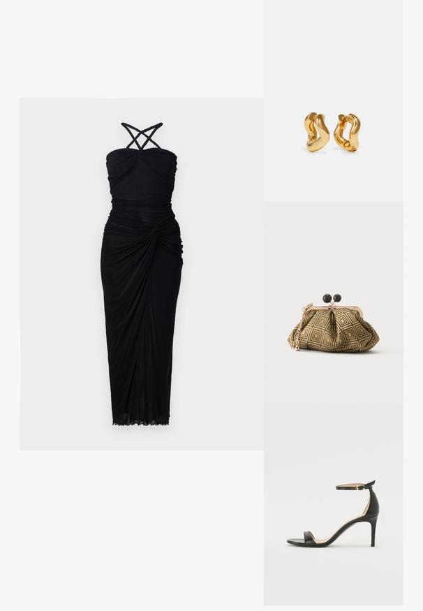 Robe noire avec un corsage ajusté, des bretelles croisées et un tissu froncé qui tombe vers un ourlet légèrement évasé avec une texture subtile.; Sandale à talons hauts en cuir noir avec une lanière de cheville. Présente une texture lisse, un bout ouvert et un talon fin. Détail de boucle en ton doré.; Petite pochette avec motif géométrique doré et noir, cadre en métal doré, fermeture à boule noire et une courte chaîne dorée.; Boucles d'oreilles en forme de créoles dorées avec un design ondulé, présentant une surface lisse et brillante ainsi qu'une forme élégante. Sans fermoirs visibles.