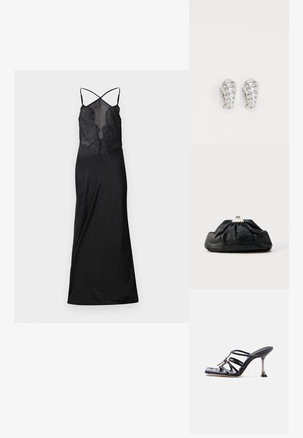 Sort satin kjole med en gennemsigtig blondeoverdel, der har krydsede stropper og en flydende silhuet, designet til et kropsnært look.; Sort højhælet sandal med stropper, firkantet tå og tynd stilet hæl, med overlappende stropper og en knudedetalje på overdelen.; Sort læderclutch med en samlet tekstur, metal lukning og diskret præget logo på forsiden. Rundet form.; Sølv clip-on øreringe med spiralmønster, der har en glat metallisk tekstur og runde former. Ingen synlige udsmykninger eller mønstre.