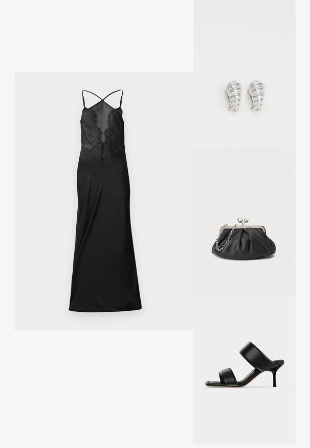 Sort satin kjole med en gennemsigtig blondeoverdel, der har krydsede stropper og en flydende silhuet, designet til et kropsnært look.; Sort læder mule sandal med to brede remme og en slank mellemhøj stiletthæl på en ensartet lys baggrund.; Sort læder clutch med samlet tekstur, sølvfarvet metalramme, kys-lås lukning og kædestrop. Glat, blød overflade.; Sølv clip-on øreringe med spiralmønster, der har en glat metallisk tekstur og runde former. Ingen synlige udsmykninger eller mønstre.
