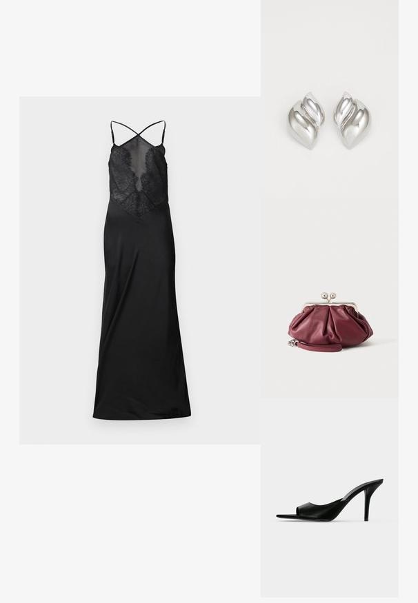 Schwarzes Satin-Kleid mit durchsichtigem Spitzenoberteil, das überkreuzte Träger und eine fließende Silhouette aufweist, entworfen für eine figurbetonte Passform.; Schwarzer Leder-Pantolette mit offenem Zehenbereich und hohem, schlankem Stiletto-Absatz, im Seitenprofil vor neutralem Hintergrund gezeigt.; Kleine bordeauxrote Leder-Clutch mit silbernem Metallverschluss und Handgelenksriemen auf weißem Hintergrund.; Silberne Ohrringe mit einer organischen, abstrakten Form. Glatte, glänzende Oberfläche mit einem konischen Design. Mit dezenten Kurven und einem zentralen Linienelement.