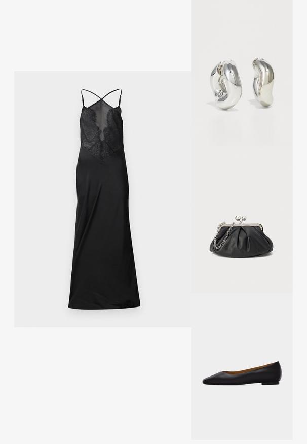 Schwarzes Satin-Kleid mit durchsichtigem Spitzenoberteil, das überkreuzte Träger und eine fließende Silhouette aufweist, entworfen für eine figurbetonte Passform.; Schwarzer flacher Schuh aus Leder mit spitz zulaufender Vorderkappe, niedrigem Absatz und glatter Oberfläche, von der Seite vor einem hellgrauen Hintergrund dargestellt.; Schwarze Leder-Clutch mit geraffter Textur, silberfarbener Metallrahmen, Druckverschluss und Kettenriemen. Glatte, weiche Oberfläche.; Silberne skulpturale Ohrringe mit glatten, geschwungenen Formen und reflektierenden Oberflächen. Sie verfügen über ein geschlossenes Ringdesign und eine ausgeprägte organische Form.