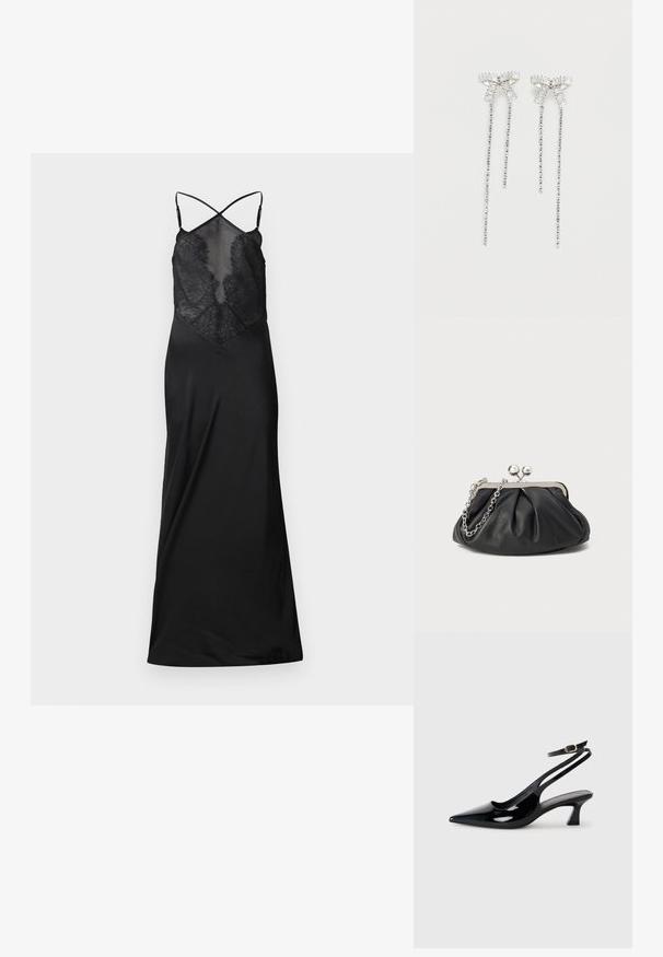 Sort satin kjole med en gennemsigtig blondeoverdel, der har krydsede stropper og en flydende silhuet, designet til et kropsnært look.; Sorte patenterede læderslingbacks med spidse tæer, lav blokhælt og justerbar ankelrem med guldspænde.; Sort læder clutch med samlet tekstur, sølvfarvet metalramme, kys-lås lukning og kædestrop. Glat, blød overflade.; Lange sølvøreringe med en klynge af rhinsten øverst og hængende tråde af mindre rhinsten nedenunder.