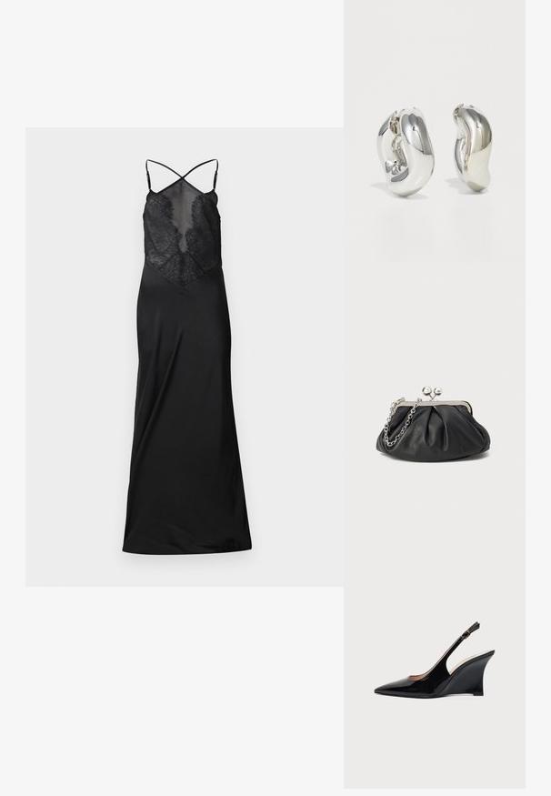 Schwarzes Satin-Kleid mit durchsichtigem Spitzenoberteil, das überkreuzte Träger und eine fließende Silhouette aufweist, entworfen für eine figurbetonte Passform.; Schwarzer Lackleder-Slingback-Wedgeschuh mit spitzer Zehenpartie und verstellbarer Knöchelschnalle vor weißem Hintergrund.; Schwarze Leder-Clutch mit geraffter Textur, silberfarbener Metallrahmen, Druckverschluss und Kettenriemen. Glatte, weiche Oberfläche.; Silberne skulpturale Ohrringe mit glatten, geschwungenen Formen und reflektierenden Oberflächen. Sie verfügen über ein geschlossenes Ringdesign und eine ausgeprägte organische Form.