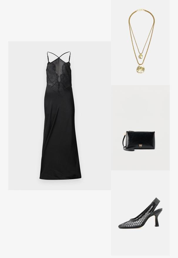 Schwarzes Satin-Kleid mit durchsichtigem Spitzenoberteil, das überkreuzte Träger und eine fließende Silhouette aufweist, entworfen für eine figurbetonte Passform.; Schwarzer Slingback-Pumps mit hohem Absatz, Mesh-Obermaterial mit sechseckigem Muster und spitzer Zehenpartie vor weißem Hintergrund.; Schwarze Leder-Armbandtasche mit goldfarbenem Logo und Reißverschluss, mit abnehmbarem Riemen, vor weißem Hintergrund.; Aurélie Bidermann HERMIONE - Halskette - gold- coloured