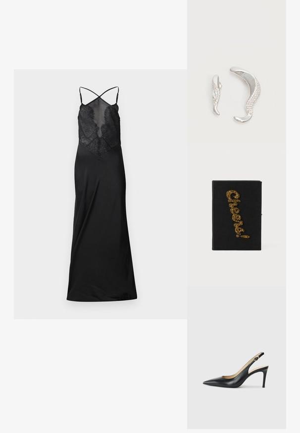 Zwarte satijnen jurk met een transparante kanten buste, voorzien van gekruiste bandjes en een vloeiende silhouet, ontworpen voor een aansluitende pasvorm.; Zwarte leren slingback-hakken met een spitse neus, verstelbare band en een elegante stiletto-hak, met een gladde afwerking.; Zwart notitieboek met glinsterende gouden tekst "Cheers!", met een textuur en een verticale indeling.; Twee gebogen zilveren oorbellen, de één groter dan de ander, beide versierd met kleine fonkelende kristallen langs één rand.