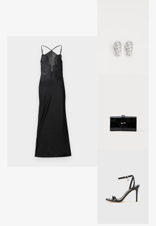 Schwarzes Satin-Kleid mit durchsichtigem Spitzenoberteil, das überkreuzte Träger und eine fließende Silhouette aufweist, entworfen für eine figurbetonte Passform.; Schwarze High-Heel-Sandale mit schmalem Knöchelriemen, quadratischer Zehenbox, glattem Leder und metallischem Schnallenakzent.; Schwarze glänzende rechteckige Brieftasche mit einem vorderen Riemen und silberner Metallverschluss, vor einem schlichten weißen Hintergrund.; Silberne Clip-On-Ohringe mit spiralförmigem Design, das eine glatte metallische Textur und abgerundete Formen aufweist. Keine sichtbaren Verzierungen oder Muster.