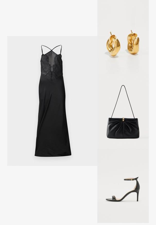 Schwarzes Satin-Kleid mit durchsichtigem Spitzenoberteil, das überkreuzte Träger und eine fließende Silhouette aufweist, entworfen für eine figurbetonte Passform.; Schwarze Leder-high-heeled Sandale mit Knöchelriemen. Verfügt über eine glatte Textur, offene Zehen und einen dünnen Absatz. Goldfarbener Schnallenakzent.; Schwarze Lederhandtasche mit einem verdrehten Design auf der Vorderseite, einem einzelnen Riemen und einem goldfarbenen Metallakzent in der Mitte. Glatte Textur.; Fette goldene Creolen mit einem leicht verdrehten, röhrenförmigen Design und Steckverschlüssen auf einem weißen Hintergrund.