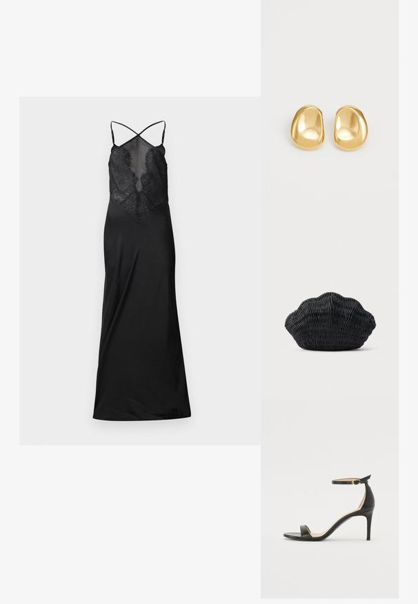 Sort satin kjole med en gennemsigtig blondeoverdel, der har krydsede stropper og en flydende silhuet, designet til et kropsnært look.; Sort læder højhælede sandaler med ankelrem. Har en glat tekstur, åben tå og en tynd hæl. Guldtonet spænde detalje.; Sort flet håndtaske formet som en muslingeskal med en buet top og flettet tekstur på en ensfarvet baggrund.; Guldfarvede stud øreringe med en glat, rund form og en reflekterende overflade, der fremhæver et minimalistisk design uden synlige mønstre.