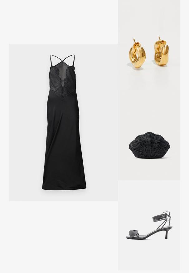 Schwarzes Satin-Kleid mit durchsichtigem Spitzenoberteil, das überkreuzte Träger und eine fließende Silhouette aufweist, entworfen für eine figurbetonte Passform.; Graue Leder-Pumps mit Absatz, verknotetem Riemen über den Zehen und Wickelriemen um den Knöchel auf schlankem, mittelhohem Absatz vor weißem Hintergrund.; Schwarze Korbtasche in Muschelform mit gebogenem Oberteil und gewebter Textur auf einfarbigem Hintergrund.; Fette goldene Creolen mit einem leicht verdrehten, röhrenförmigen Design und Steckverschlüssen auf einem weißen Hintergrund.
