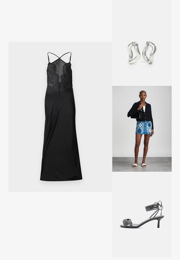Sort satin kjole med en gennemsigtig blondeoverdel, der har krydsede stropper og en flydende silhuet, designet til et kropsnært look.; Grå læder sandal med hæl, knyttet rem ved tæerne og snørebånd, der vikles om anklen, på slank mellemhøj hæl mod hvid baggrund.; Sort striktrøje, hvid top, denimnederdel med blå og sort diamantmønster, sort håndtaske og beige slidesandaler.; Sølv øreringe i hoop-design med snoet mønster. Runde kanter og blank finish. Åbne lukninger for nem brug. Glat tekstur over det hele.