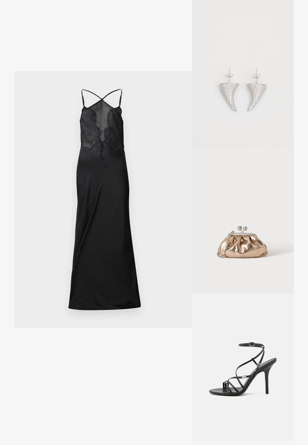 Schwarzes Satin-Kleid mit durchsichtigem Spitzenoberteil, das überkreuzte Träger und eine fließende Silhouette aufweist, entworfen für eine figurbetonte Passform.; Schwarze High-Heel-Sandale mit dünnen Riemen, einem Knöchelverschluss, einer glatten Lederoberfläche und einem schlanken Stiletto-Absatz.; Kleine goldene Metallic-Clutch mit silbernem Verschluss und Kettengurt auf einfachem hellem Hintergrund.; Silberne, hornförmige Ohrringe, besetzt mit kleinen klaren Steinen, mit einem Steckverschluss zur Befestigung. Glatte Textur und metallisches Finish.