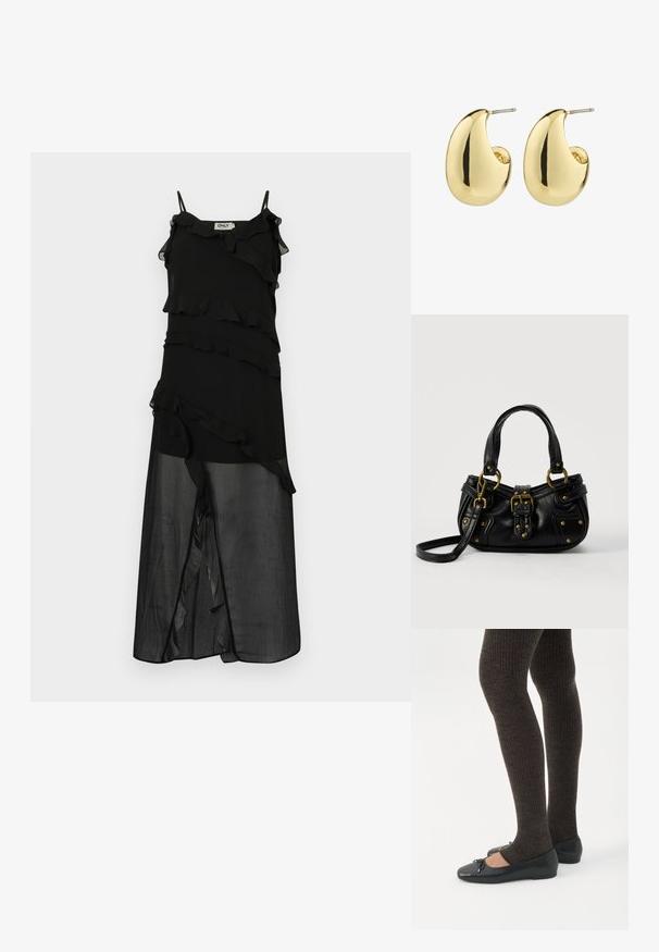 Vestido negro con capas con volantes, tirantes ajustables tipo spaghetti y una silueta fluida. Hecho de tela ligera con una superposición translúcida.; Piernas con leggings oscuros acanalados combinados con bailarinas negras que presentan pequeños detalles de lazo sobre un fondo blanco.; Bolso de cuero negro con hebilla y detalles de remaches dorados, asas cortas y una correa de hombro ajustable sobre un fondo blanco liso.; Pendientes de stud en tono dorado con una superficie suave y pulida, que presentan una forma abstracta en forma de lágrima. Hardware de metal simple para la sujeción.