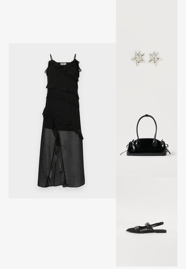 Vestido negro con capas con volantes, tirantes ajustables tipo spaghetti y una silueta fluida. Hecho de tela ligera con una superposición translúcida.; Even&Odd by Zalando Bailarinas con tira trasera - black; Pequeño bolso negro brillante con dos asas largas y detalles de cordón lateral sobre un fondo claro liso.; Pendientes de aro plateados en forma de estrella con un acabado liso y pulido sobre un fondo blanco liso.