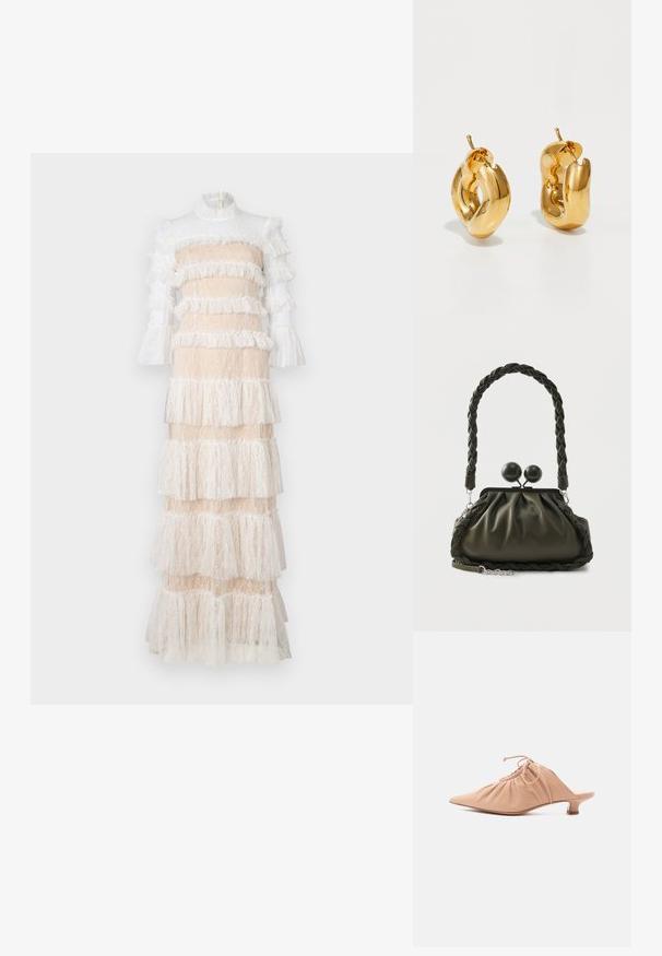 Blond maxi kjole i nude og hvid, med tierede flæser, lange ærmer og en høj krave med lynlås lukning bagpå.; Beige dames mule i læder med spids tå, rynket overdel, snøre og lav kittenhæl på hvid baggrund.; Olivengrøn læderhåndtaske med flettet håndtag og sølvhardware, med en samlet design og runde låsedetaljer på toppen.; Chunky guld hoop øreringe med et let snoet, rørformet design og postsystem bagpå, på en hvid baggrund.