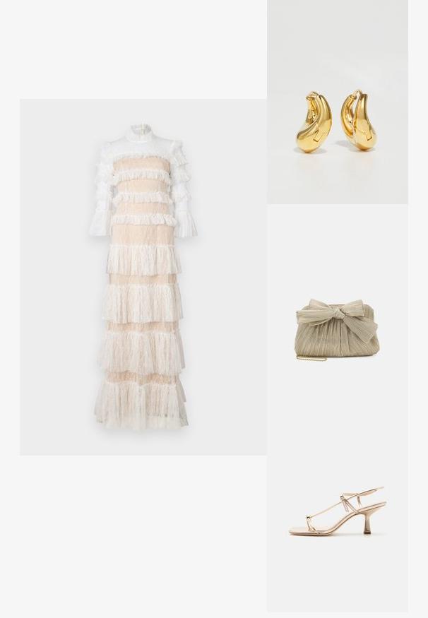 Robe maxi en dentelle nude et blanche, avec des volants superposés, de longues manches et un col montant, dotée d'une fermeture éclair dans le dos.; Sandale dorée à lanières avec petit talon kitten, bride de cheville réglable et boucle pour l'orteil sur fond clair uni.; Loeffler Randall PLEATED FRAME WITH BOW - Pochette - platinum; Boucles d'oreilles en or en forme de d'anneaux lisses et courbés avec une finition polie. Équipées d'un mécanisme de fermeture et de légères indentations pour le détail.