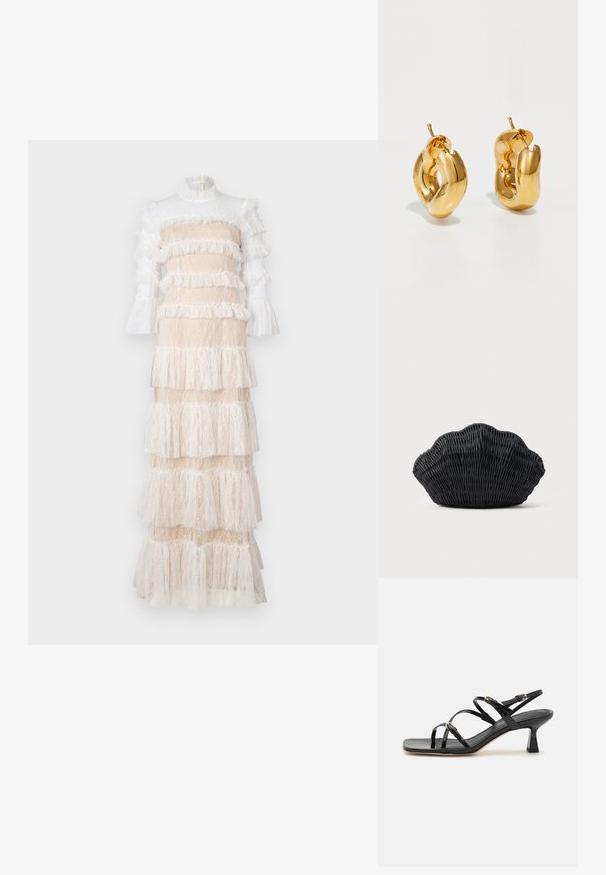 Maxikleid aus Spitze in Nude und Weiß, mit gestuften Rüschen, langen Ärmeln und einem hohen Kragen mit einem Reißverschluss auf der Rückseite.; Schwarze lackierte Riemchensandalen mit quadratischer Zehenpartie und niedrigem Blockabsatz. Ausgestattet mit vergoldeten Beschlägen und verstellbaren Knöchelriemen.; Schwarze Korbtasche in Muschelform mit gebogenem Oberteil und gewebter Textur auf einfarbigem Hintergrund.; Fette goldene Creolen mit einem leicht verdrehten, röhrenförmigen Design und Steckverschlüssen auf einem weißen Hintergrund.