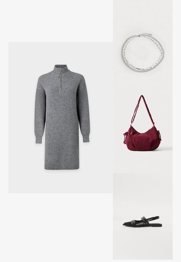 Grijze geribde gebreide jurk met lange mouwen, knielengte en een halve rits aan de voorkant op een hoge kraag, getoond tegen een effen achtergrond.; Even&Odd Slingback ballerina´s - black; Zachte kastanjebruine corduroy schoudertas met verstelbare band, ritssluiting, zijstrikjes en een voorvak met rits.; Zilveren armband met drie strengen: één met kleine kralen, één met ovale schakels en één met platte staven. Bevat een kettingverlenging voor verstelbaarheid.