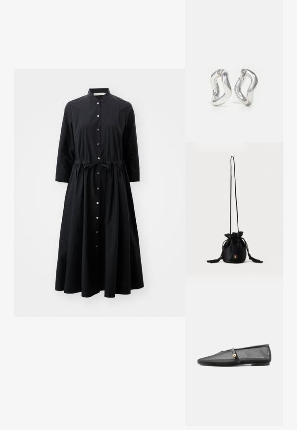 Schwarzes Langarmkleid aus Baumwolle mit durchgehender Knopfleiste, tailliertem Bund mit Gürtel und ausgestelltem Rock.; Schwarzer flacher Schuh mit niedrigem Absatz, Mesh-Obermaterial und dünnem Riemen mit goldener Knopfverzierung über dem Rist.; Schwarze Bucket Bag mit Kordelzug, langem dünnem Riemen und kleinem goldenem quadratischem Logo vorne, vor einfachem Hintergrund präsentiert.; Silberne Creolen mit gedrehtem Design. Abgerundete Kanten und glänzende Oberfläche. Offen schließende Verschlüsse für einfaches An- und Ausziehen. Glatte Textur durchgehend.