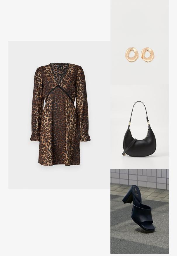 Leopardprint jurk in bruin en zwart. Heeft een V-hals, geplooide details bij de taille, lange mouwen en gerimpelde manchetten. Satijnachtige textuur.; Zwarte hoge hak slidesandaal met een brede band, vierkante neus en ALDO-logo op de gevoerde binnenzool, tegen een achtergrond van een gestructureerde bestrating.; Zwarte leren handtas met een gebogen vorm, uitgerust met een bovenste ritsluiting, een kort handvat en een afneembare schouderband. Gouden hardware accenten.; Set van onregelmatig gevormde, gepolijste hoepel oorbellen van goudkleurig metaal met een open midden op een effen witte achtergrond.