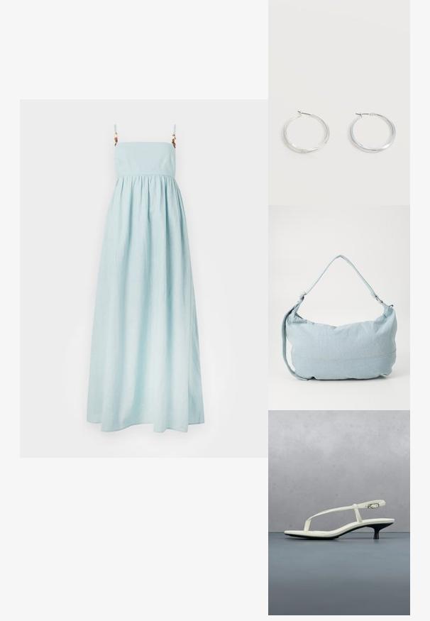 Helles blaues Maxikleid mit Spaghettiträgern, gerafftem Taillenbereich und einer glatten, weichen Textur. Verfügt über dekorative Metallakzente an den Trägern.; Weiße Riemchenpantolette mit kitten heel und spitz zulaufender Zehenpartie, schwebt über einem Holzkachelboden im Freien mit verschwommenem Pflanzen- und Wandhintergrund.; Hellblaue Denim-Schultertasche mit runder Form, verstellbarem Gürtel und subtilen Nähten am unteren Rand. Weiche Textur.; Silberne Metallcreolen mit glatter, leicht gebogener Oberfläche und Klappverschluss vor schlicht weißem Hintergrund.