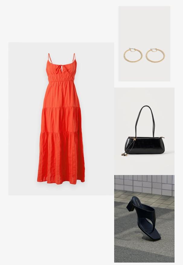 Robe maxi en tissu orange vif, avec des bretelles fines, un détail de nouage à l'avant et des volants superposés. Mélange de coton léger et texturé.; Sandale à talon noire avec bout carré et large bride, posée sur un bitume gris près d'un mur carrelé.; Sac à main rectangulaire noir avec deux longues bandoulières, détail anneau doré et fermeture éclair sur un fond clair uni.; Paire de boucles d'oreilles créoles en or de taille moyenne avec un design texturé et perlé sur un fond clair uni.
