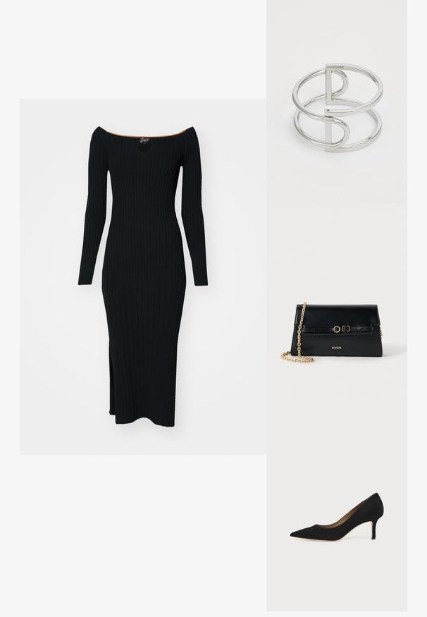 Robe en tricot côtelé noire avec décolleté bardot, manches longues et fente sur le côté. Elle présente une découpe en forme de trou de serrure et un accent orange au col.; Escarpin en daim noir à bout pointu avec un talon stiletto fin de hauteur moyenne et un design à coupe basse sur un fond uni.; Sac à main en cuir noir avec une bandoulière en chaîne dorée, forme rectangulaire, détails embossés sur le rabat et logo doré à l'avant.; Bracelet en métal argenté avec un design à double boucle, fini lisse et brillant, et un accent géométrique minimaliste.