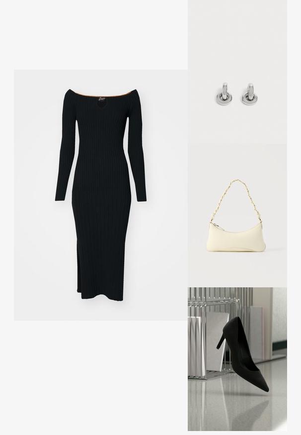 Robe en tricot côtelé noire avec décolleté bardot, manches longues et fente sur le côté. Elle présente une découpe en forme de trou de serrure et un accent orange au col.; Chaussure noire à talons hauts équilibrée sur son talon sur un comptoir réfléchissant près de porte-dossiers métalliques avec des dossiers blancs.; Petit sac à main couleur crème avec une forme incurvée et une poignée en chaîne torsadée ton or, fermeture éclair sur le dessus; Paire de petites boucles d'oreilles créoles argentées brillantes avec une base ronde, présentées sur un fond clair uni.