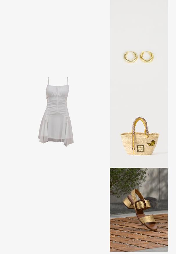 Vestido blanco con tirantes ajustables tipo spaghetti, cuerpo fruncido y falda fluida con lazos laterales y dobladillo en capas.; Sandalia dorada de punta abierta con tacón cuadrado y una gran hebilla de carey, exhibida sobre una superficie de baldosas de madera al aire libre.; Bolso tote de paja tejido con asas trenzadas amarillas y beige, decorado con un parche de plátano y un pequeño diseño de pez enmarcado en la parte delantera.; Pendientes de aro de oro con una superficie lisa y reflectante, que presentan un diseño redondeado y robusto, además de un cierre de bisagra para facilitar su uso.