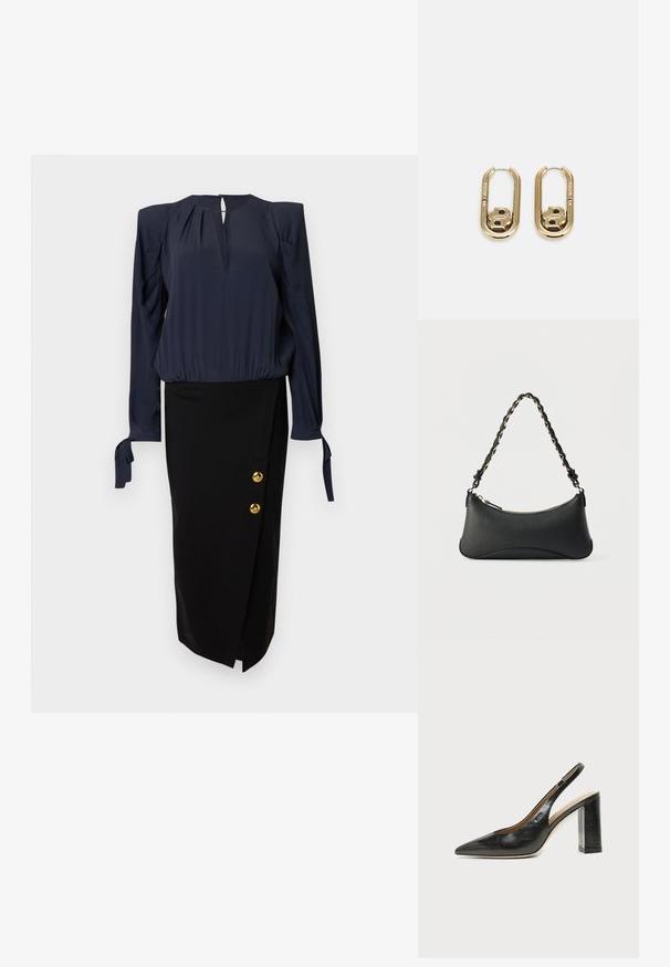 Blouse bleu marine à manches bouffantes et encolure avec ouverture en forme de goutte, associée à une jupe crayon noire avec des boutons dorés sur le côté.; Chaussure slingback en cuir noir à bout pointu avec un talon bloc haut et une doublure intérieure beige sur un fond clair uni.; Sac à bandoulière en cuir noir de forme rectangulaire incurvée, avec une chaîne dorée tissée dans la bandoulière noire tressée et une fermeture éclair sur le dessus.; BOSS DOUBLE B SWING - Boucles d'oreilles - gold-coloured
