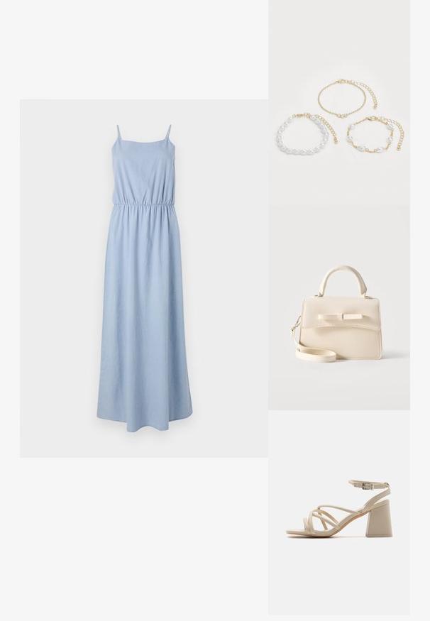 Hele sinine maksikleid õhukeste rihmadega, elastse vöökoha ja siledast materjalist. Põrandani ulatuv disain lihtsa ja minimalistliku stiiliga.; Bežid kõrged sandaalid, millel on ristuvad rihmad, pahkluu pandla ja ruudukujuline plokk-kand, tagamaks stabiilsuse. Sile nahataoline tekstuur.; Väike beež käekott ülemise sangaga, eemaldatava rihma, ees oleva klapi ja dekoratiivse horisontaalse lipsuga ühtlasel taustal.; Kolme käevõru: üks valgetest pärlitest, üks kuldne kett kristallaktsentidega ja üks segatud kuld- ja pärlilinkidega. Kuldne toon domineerib.