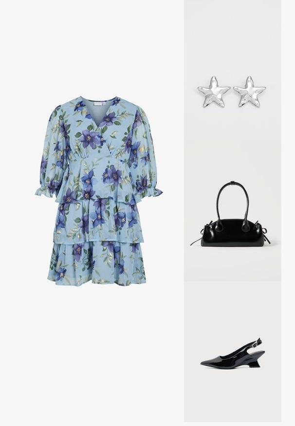 Robe fleurie bleu clair avec des fleurs violettes, des feuilles vertes, des accents dorés, jupe à étages, manches longues bouffantes et style cache-cœur à col en V.; Chaussure slingback en cuir verni noir avec bout pointu et petit talon bloc incliné sur fond clair uni.; Petit sac à main noir brillant avec deux longues anses et des détails à cordon sur les côtés sur un fond clair uni.; Boucles d'oreilles argentées en forme d'étoile, avec une surface lisse et brillante. Chaque boucle d'oreille possède cinq pointes et des détails subtils de texture de surface.