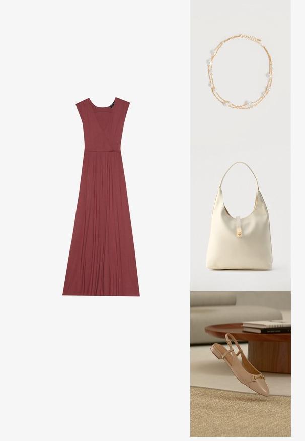Vestido largo sin mangas en color rosa suave. Presenta un escote en V, cintura con pliegues y una tela suave y ligera. Diseño sólido, sin estampados.; Zapato plano beige de cuero con tiras traseras y detalle de hebilla dorada, posicionado en el aire sobre una alfombra tejida, una mesa de café de madera y libros apilados en el fondo.; Bolso hobo de cuero color crema con una sola correa para el hombro, textura suave y detalle de cierre metálico dorado en el frente.; Delicado collar de cadena dorada de doble capa con pequeñas perlas blancas espaciadas uniformemente sobre un fondo claro y liso.