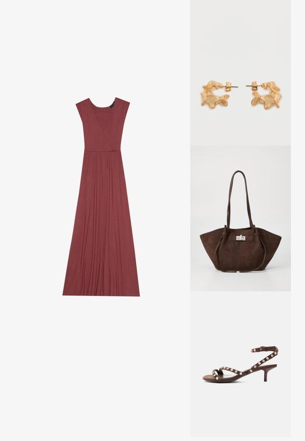 Vestido largo sin mangas en color rosa suave. Presenta un escote en V, cintura con pliegues y una tela suave y ligera. Diseño sólido, sin estampados.; Sandalia marrón de tacón con correa en el tobillo, adornada con tachuelas alternas de perlas y piedras preciosas transparentes en tiras delgadas.; Bolso tote de ante marrón con una forma estructurada, que presenta un cierre de metal plateado y dos asas. Textura suave con costuras de acento.; Pendientes de tono dorado con una forma abstracta y orgánica, que presentan una superficie texturizada y un cierre de poste trasero.