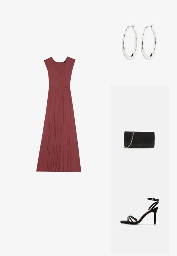 Vestido largo sin mangas en color rosa suave. Presenta un escote en V, cintura con pliegues y una tela suave y ligera. Diseño sólido, sin estampados.; Anna Field by Zalando Sandalias - black; Bolso de mano negro hecho de ante con un acabado texturizado, que presenta una cadena dorada y un diseño elegante y angular.; Pendientes de aro de plata con un acabado suave y brillante. Forma circular, con un cierre seguro. Diseño sencillo y elegante.
