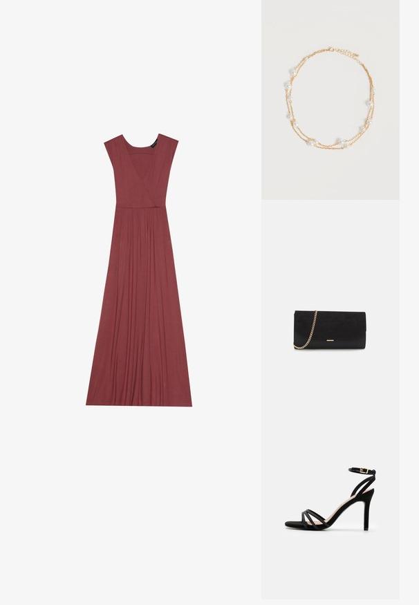 Vestido largo sin mangas en color rosa suave. Presenta un escote en V, cintura con pliegues y una tela suave y ligera. Diseño sólido, sin estampados.; Anna Field Sandalias - black; Bolso de mano negro hecho de ante con un acabado texturizado, que presenta una cadena dorada y un diseño elegante y angular.; Delicado collar de cadena dorada de doble capa con pequeñas perlas blancas espaciadas uniformemente sobre un fondo claro y liso.
