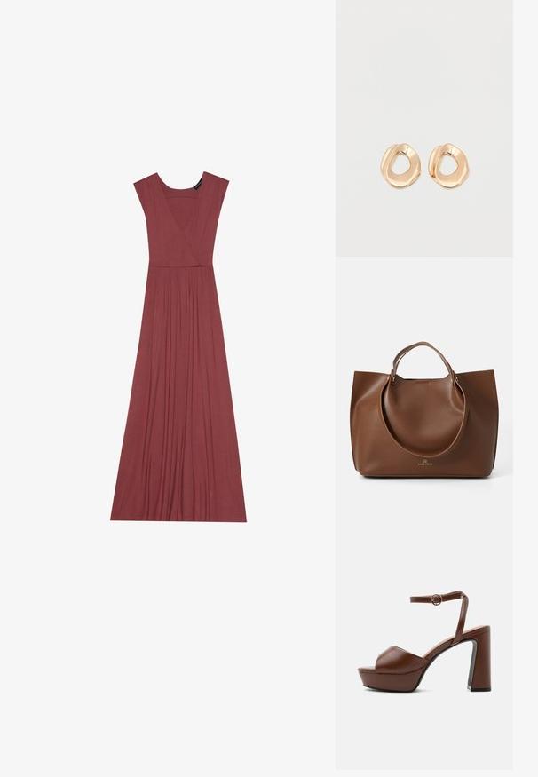 Vestido largo sin mangas en color rosa suave. Presenta un escote en V, cintura con pliegues y una tela suave y ligera. Diseño sólido, sin estampados.; Sandalia de plataforma de cuero marrón con tacón alto grueso, puntera abierta y correa ajustable en el tobillo con hebilla dorada, mostrada de lado.; Bolsa tote de cuero marrón con una textura suave, grandes asas circulares, con un diseño minimalista y un logo grabado en la parte inferior.; Par de pendientes de aro de metal en tono dorado pulido, de forma irregular y con centro abierto, sobre un fondo blanco liso.