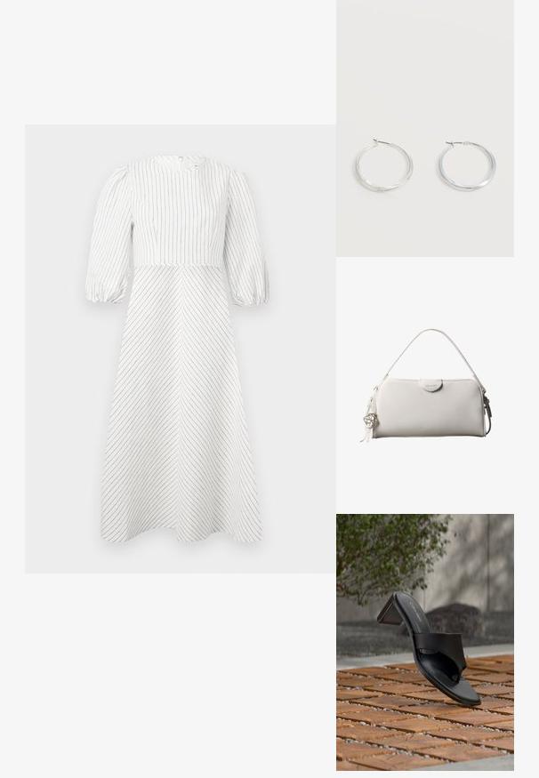 White dress with vertical and diagonal black stripes, round neckline, and short puffed sleeves, made from a light, smooth fabric.; Black Calvin Klein heeled sandal with toe loop on wooden tile floor outdoors near a tree and stone wall.; White rectangular Calvin Klein handbag with single handle, minimal design, and decorative tassels with geometric metal charm on the side.; Silver metal hoop earrings with smooth, slightly curved surface and latch-back closures on a plain white background.