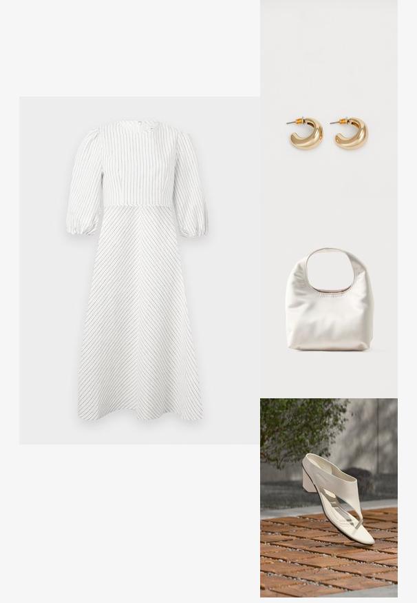 Robe blanche avec des rayures noires verticales et diagonales, encolure ronde et manches courtes bouffantes, fabriquée dans un tissu léger et lisse.; Sandale à talon en cuir blanc avec une large bride et un entre-doigts, exposée en extérieur sur une surface carrelée en bois et en gravier avec de la verdure en arrière-plan.; Sac à main blanc doux avec une poignée rectangulaire arrondie et une texture souple et lisse sur un fond clair.; Deux boucles d'oreilles en forme de cerceau en or brillant, avec un design courbé, présentant des accents orange près de la tige, sur fond blanc uni.