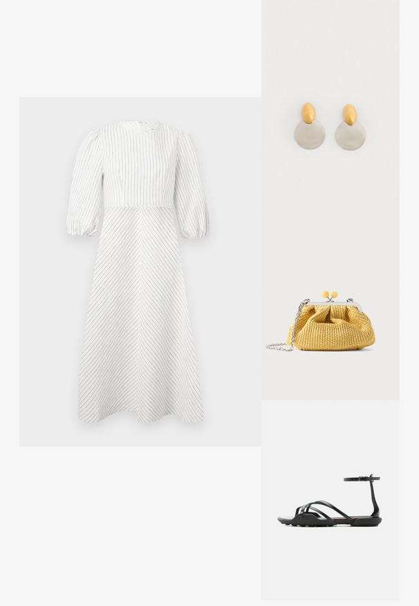 Robe blanche avec des rayures noires verticales et diagonales, encolure ronde et manches courtes bouffantes, fabriquée dans un tissu léger et lisse.; Sandale plate noire avec de fines brides croisées sur les orteils et une bride de cheville à boucle, avec une semelle légèrement texturée pour une meilleure adhérence.; Petit sac à main tissé jaune avec cadre argenté, deux fermoirs boules jaunes et une bandoulière chaîne argentée sur fond blanc.; Boucles d'oreilles en métal doré et argenté avec une base en disque rond et une pièce supérieure ovale, texture lisse et finition polie.