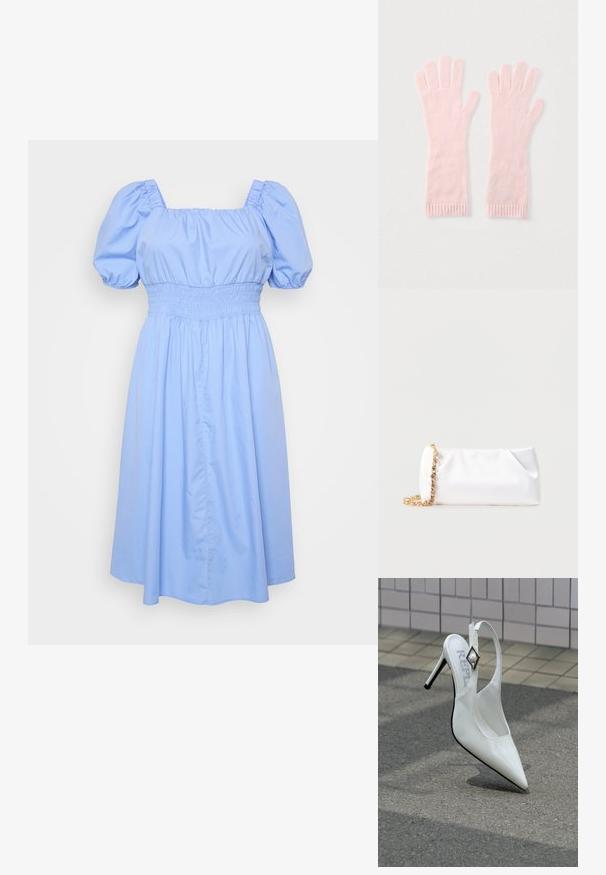 Lysblå kjole med firkantet udskæring, pufærmer og smocket talje. Stoffet er glat med et svævende skørtdesign.; Hvid højhælet sko med spids tå, slingback-design og metallisk diamantdetalje på remmen. Blank laklæderfinish.; Hvid blød clutchtaske med guld kæderem pyntet med klare ædelsten, sat mod en ensfarvet lys grå baggrund.; Lyserøde strikkede handsker med fem fingre, ribkanter og en blød tekstur. Designet til varme og komfort.