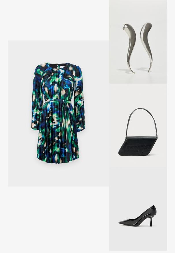 Vestido de manga corta con un patrón abstracto en azul y verde, pliegues y un cinturón de tela. Textura suave y diseño de escote redondo.; Zapato de tacón alto de charol negro con punta afilada, diseño elegante y tacón de aguja delgado, que presenta una textura suave y brillante.; Bolso de hombro de cuero negro con forma triangular, logo en relieve y una sola correa ajustable. Diseño minimalista con textura suave.; Pendientes de plata metálica con una forma elegante y alargada, que presentan una superficie lisa y un diseño curvado que se estrecha hacia un extremo puntiagudo.