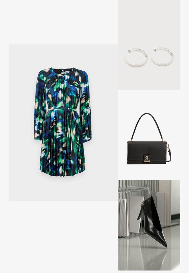 Vestido de manga corta con un patrón abstracto en azul y verde, pliegues y un cinturón de tela. Textura suave y diseño de escote redondo.; Zapato de tacón alto negro con punta afilada y logo dorado, colocado sobre una superficie reflectante cerca de un organizador de archivos de alambre cromado con documentos.; Bolso de mano de cuero negro texturizado con asa superior, cierre dorado con el logo entrelazado de TH y una correa para el hombro desmontable.; Pendientes de aro semicírculo en tono plateado con textura acanalada y cierre de presión sobre fondo blanco.