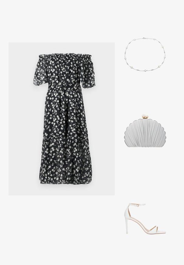 Zwarte off-the-shoulder jurk met een wit bloemenpatroon, korte gerimpelde mouwen, een taille die aangehaald is en een gelaagde zoom. Gemaakt van lichtgewicht, doorschijnende stof.; Witte sandaal met hoge hak, dunne enkelband en gesp, open teen en smalle naaldhak op een witte achtergrond.; Zilverkleurige clutch in schelpvorm met geplooide stof en twee parel-sluitingen bovenaan met gouden accenten.; Zilveren ketting met gelijkmatig verdeelde witte parels en metalen accenten, met een delicate ketting en een kreeftensluiting.